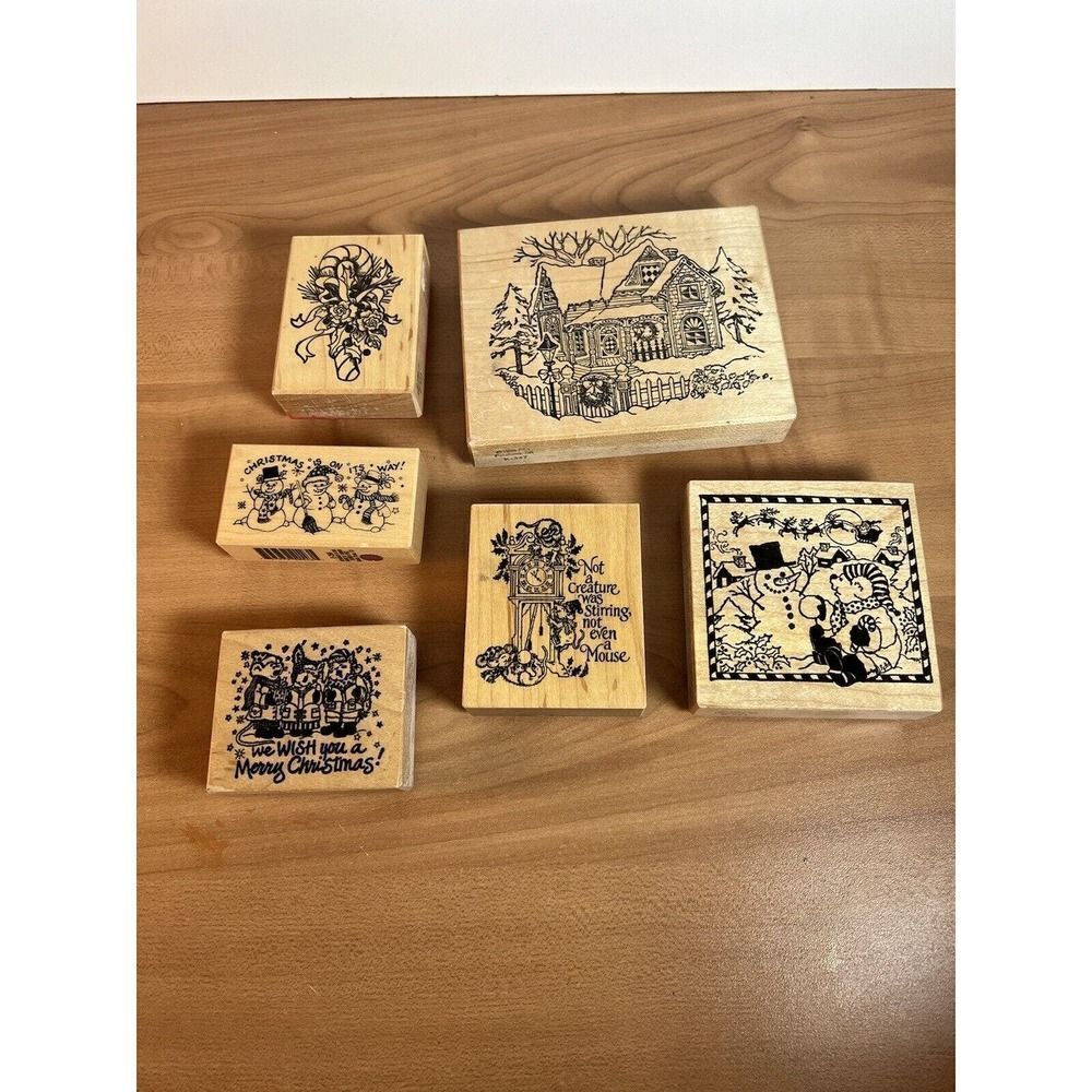 Collection Of 6 Christmas Holiday Wooden Stamps #H164